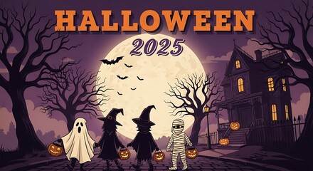 Eerie halloween 2025 night with haunted house and spooky creatures