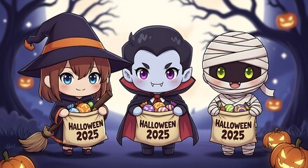 Chibi halloween characters in costumes celebrating the year 2025 with treats