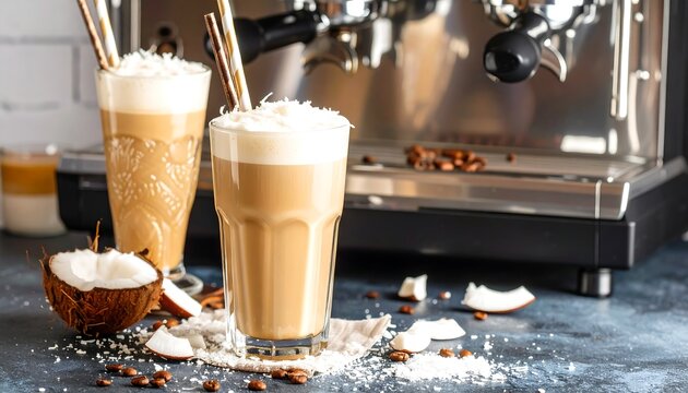 Two iced coffee drinks topped with coconut - Powered by Adobe