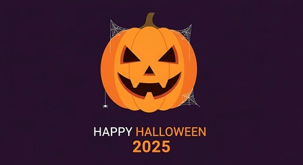 Spooky pumpkin celebrates happy halloween 2025 on purple background