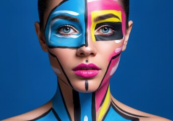 portrait of a girl with a colorful makeup, Modernist portrait features face with cyan, magenta, yellow, black colors applied. Bold, vibrant hues create high contrast expression. 
