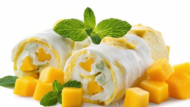 Mango Dessert Delight: A vibrant shot of mango-infused dessert rolls and fresh mint leaves, presenting a perfect visual indulgence for any food lover.