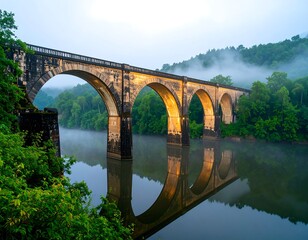 Misty morning view of an old stone arch bridge over a calm river