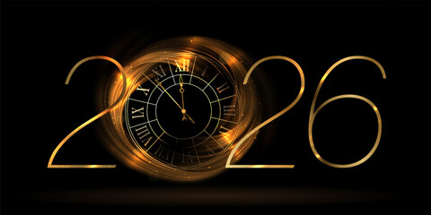 Merry Christmas. Isolated number 2026 with gold color clock.