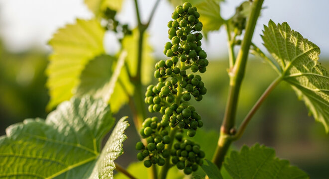 Delicate green grapes ripening on the vine under the warm summer sun, promising a future harvest of delicious wine in a picturesque vineyard setting