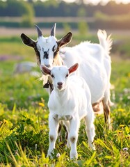 Two goats in a grassy field, sunlight