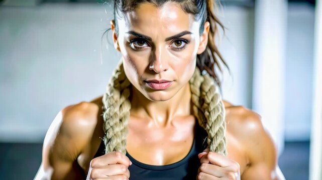 Mujer posando con cuerda de entrenamiento en un gimnasio, sesi&oacute;n intensa de ejercicio funcional