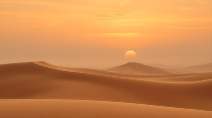 Obraz premium Epic Sunset or Sunrise Over Sand Dunes Landscape with Sun Centered Behind a Distant Hill in a Misty Desert Haze