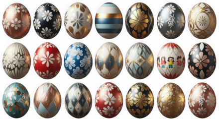 Collection of beautifully decorated easter eggs on a transparent background