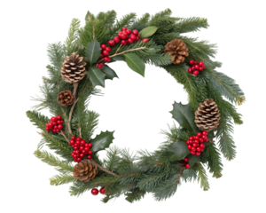 Festive Christmas Wreath with Pine Cones Berries and Greenery on Black Background