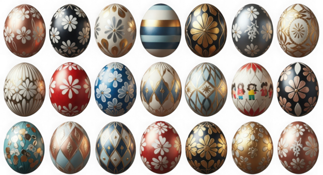 Collection of beautifully decorated easter eggs on a transparent background