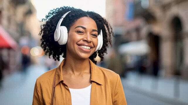 Joven sonriente con auriculares grandes disfrutando de m&uacute;sica en la calle soleada de la ciudad