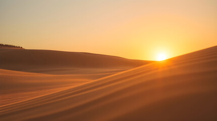 Obraz premium Vast Landscape of Multiple Golden Desert Sand Dunes at Sunset or Sunrise with Layered Hills to the Horizon