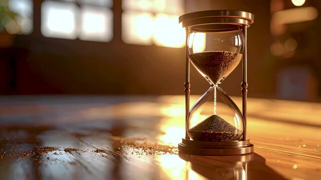 Reloj de arena sobre mesa de madera iluminado c&aacute;lidamente simbolizando el paso del tiempo