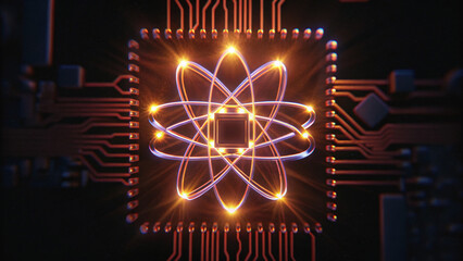 Glowing quantum circuit core atomic orbit glow neon microchip futuristic processor sci fi tech digital energy abstract electronics cosmic vibe