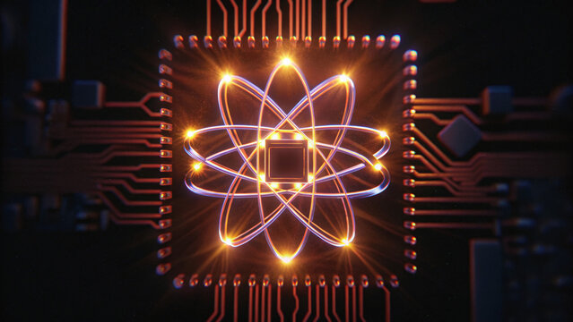 Glowing quantum circuit core atomic orbit glow neon microchip futuristic processor sci fi tech digital energy abstract electronics cosmic vibe