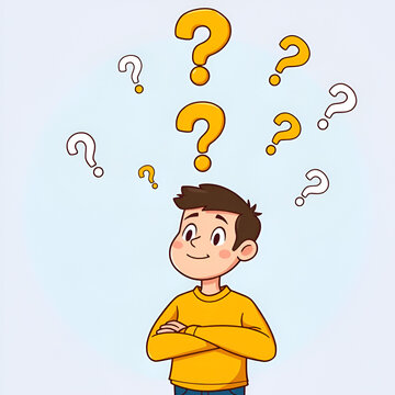 Young man cartoon character with question mark above thinking searching answers isolated set