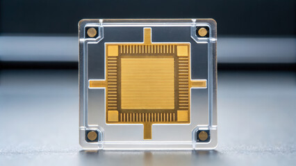 Fototapeta premium Microfluidic chip gold circuit precision engineering laboratory device transparent acrylic square module cleanroom macro detail robotics clamp