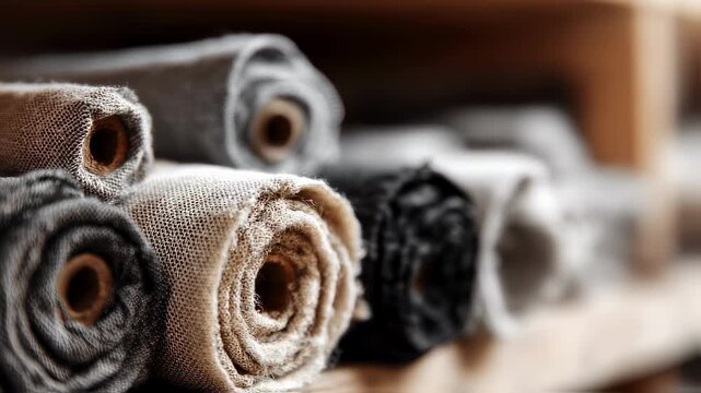 Medium shot of soft organic cotton fabric rolls with natural textures in sharp focus blurred background highlighting sustainable textile production environment.