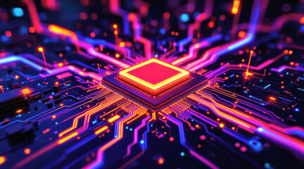 Neon microchip glowing circuitry futuristic motherboard digital network cyberpunk technology high tech data flow electric pattern vivid color 3D