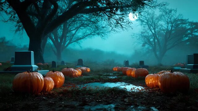 Spooky Halloween night scene with pumpkins in a misty graveyard

