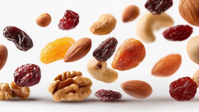 Nutrient Burst: An array of vibrant nuts and dried fruits levitates mid-air, showcasing a cornucopia of healthy snacks, a testament to the natural bounty and nutritional richness of the earth.