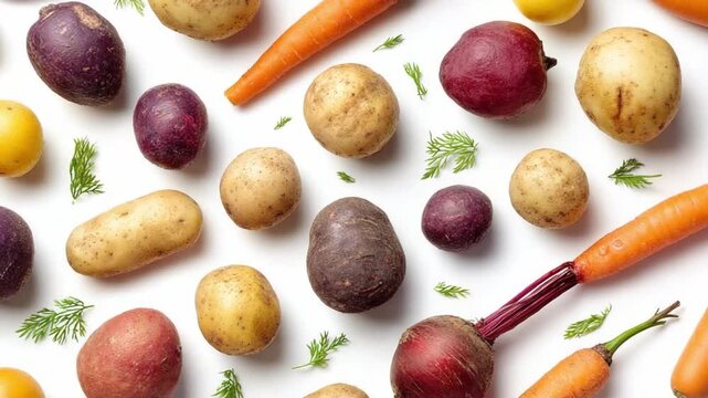 Colorful Harvest: A vibrant assortment of garden-fresh potatoes, carrots, beets, and herbs, artfully arranged to showcase the beauty and bounty of a farm-to-table experience. 