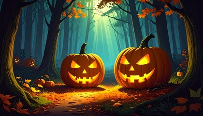 Two jack-o'-lanterns in a glowing autumn forest