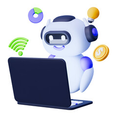 White Robot with Laptop Surrounded by Floating Objects on Transparent Background