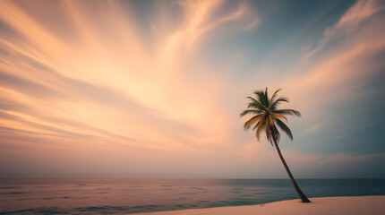Single Leaning Palm Tree on a Tropical Beach at Sunset or Sunrise with Pastel Sky
