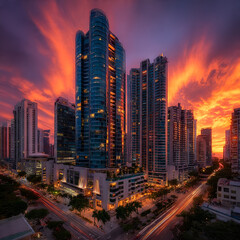 Naklejka premium Modern City Skyline at Sunset with Skyscrapers