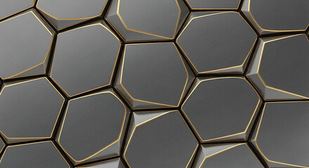 Obraz premium Abstract geometric pattern with dark gray hexagon shapes and gold accents, perfect for modern design and backgrounds