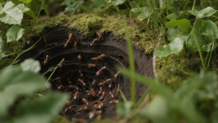 Ant Colony Entrance Amidst Lush Greenery and Moss.