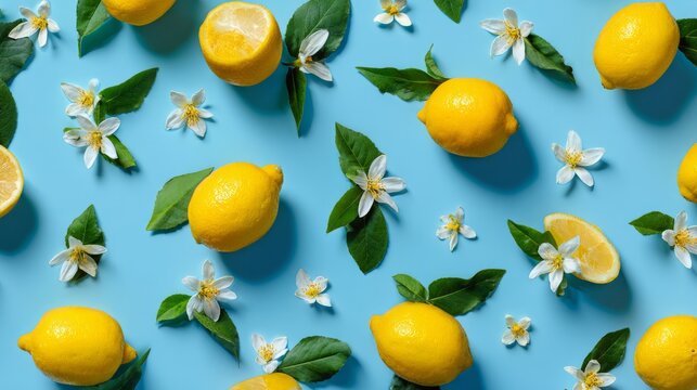 Creative citrus composition of lemons and yellow flowers spread evenly across bright blue backdrop, flat lay summer stock concept