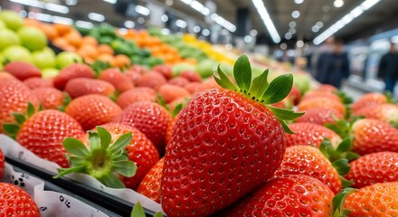 Fresh strawberries displayed in a supermarket produce section.