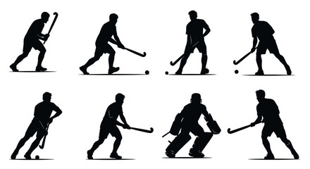 Naklejka premium A dynamic set of field hockey player silhouettes showing various action poses and a goalkeeper, isolated on a white background as vector illustrations