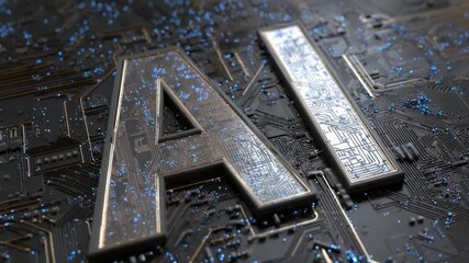 Digital AI Circuitry: A close-up view of an intricate computer circuit board, adorned with the bold AI letters, highlighting the convergence of artificial intelligence and technological innovation.