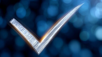 A stylized metallic checkmark glows with light against a dark blue bokeh background