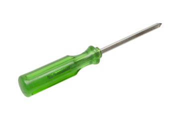 Close-up of a Phillips head screwdriver with a green plastic handle, isolated on transparent background, perfect for tool and hardware design 