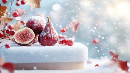 Fig on a snow-covered podium with swirling confetti, blending the rich colors of the fruit with a wintery, festive backdrop.