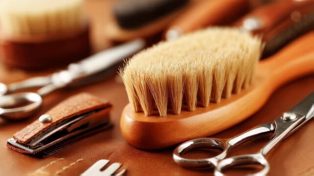 Medium shot highlighting grooming tools such as brushes and nail clippers arranged neatly with the brush in sharp focus and other supplies gently blurred.