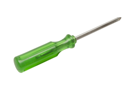 Close-up of a Phillips head screwdriver with a green plastic handle, isolated on transparent background, perfect for tool and hardware design