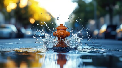 Fototapeta premium Bursting hydrant splashes in street puddle