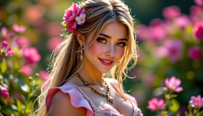 Naklejka premium this is a photograph featuring a young woman with long blonde hair and fair skin. she has an elegant and youthful appearance, with makeup that includes lipstick and eyeshadow