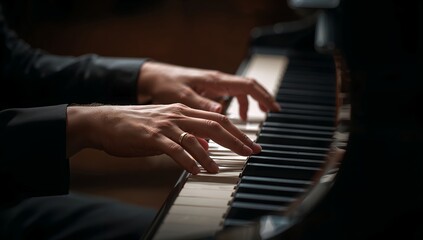 Obraz premium Musical Hands on Keys: Focused on the hands of a musician expertly playing a piano, emphasizing the elegant dance between fingers and keys, the harmony of music 