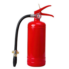 a red fire extinguisher with a hose isolated on white and transparent background