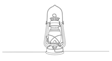 Vintage Oil Lantern Illustration in Minimal Continuous Line Art Style with Handle and Glass Chamber on White Background
