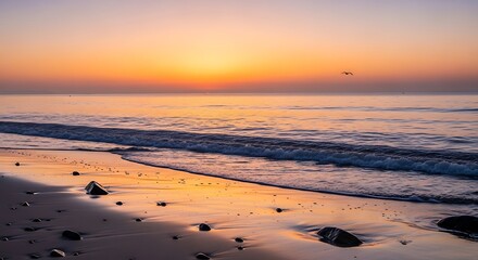 Golden Hour Beach Sunset With Gentle Waves.