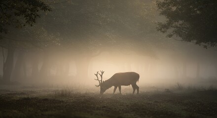 Graceful Deer Grazing in Misty Forest Morning