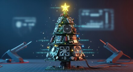 A futuristic christmas tree made of computer parts and circuit boards, illuminated by digital data